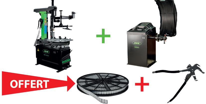 DÉMONTE-PNEU AVEC COLONNE BASCULANTE AUTOMATIQUE ET BRAS AUXILIAIRE 220 V + ÉQUILIBREUSE DE ROUES NUMÉRIQUE + OFFERT (ROULEAU DE MASSES AVEC DÉVIDOIR EN FER 5 G X 1.000 ET PINCE SPÉCIALE MASSE D'ÉQUILIBRAGE)